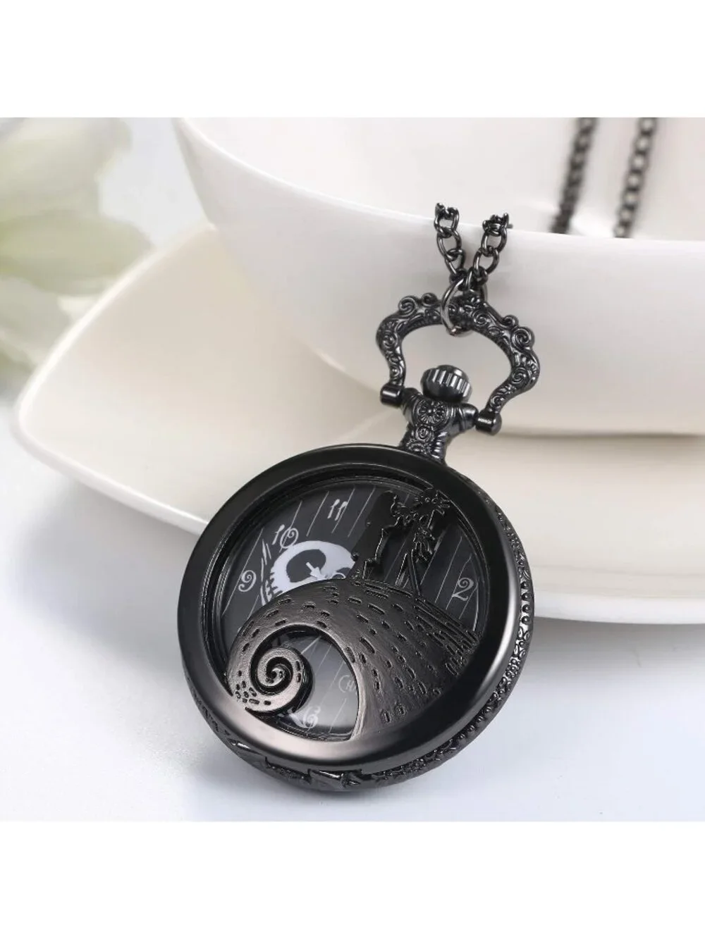 Unisex Black Analog Christmas Antique Quartz Pendant Necklace Round Pocket Watch